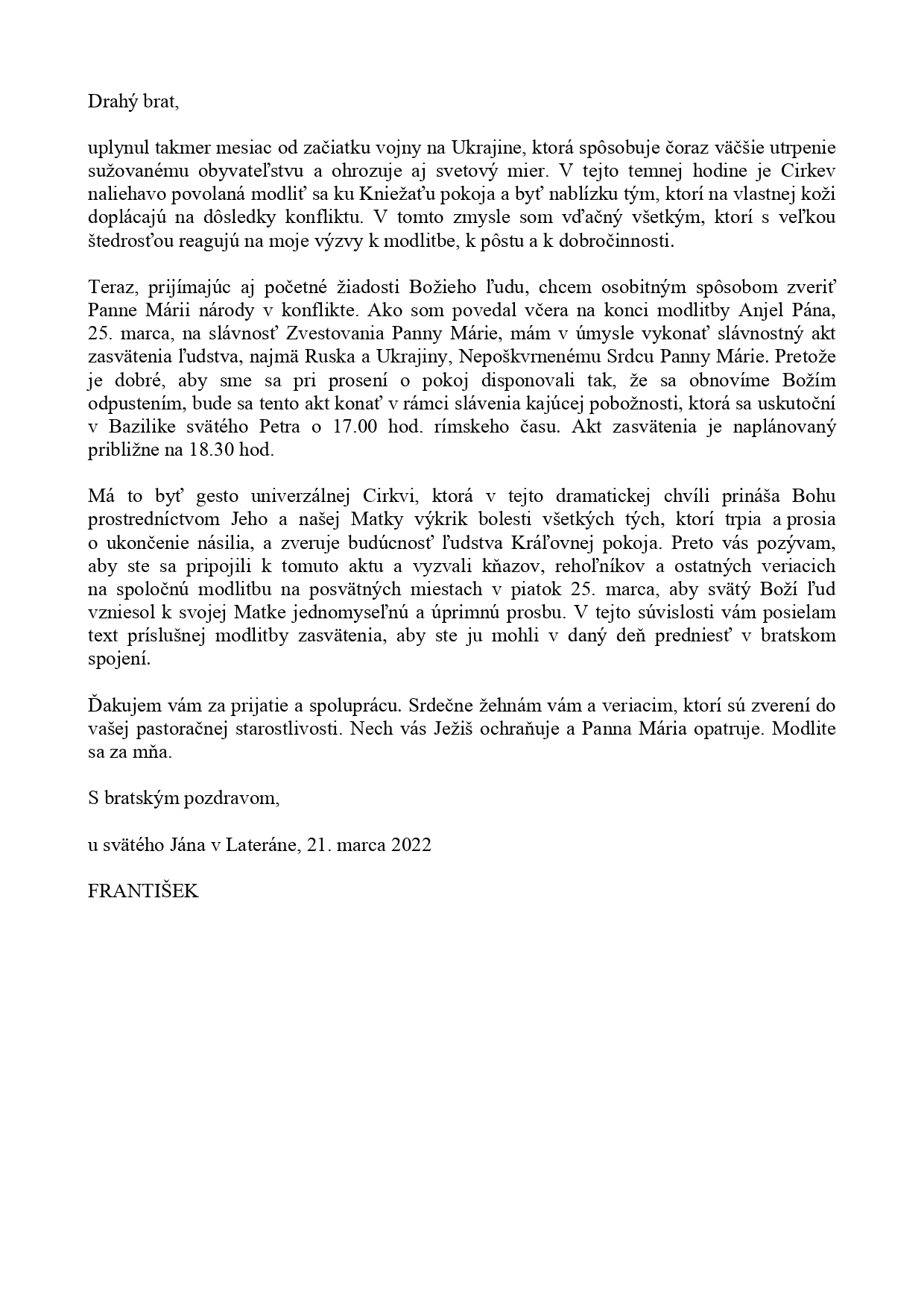 List pápeža Františka k zasväteniu Ruska a Ukrajiny biskupom SVK page 0001